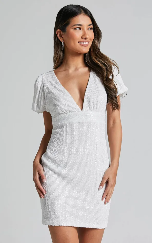 Showpo Cleonna Mini Dress 8211 Short Puff Sleeve Plunge Neck Sequin Bodycon In White Women Dresses