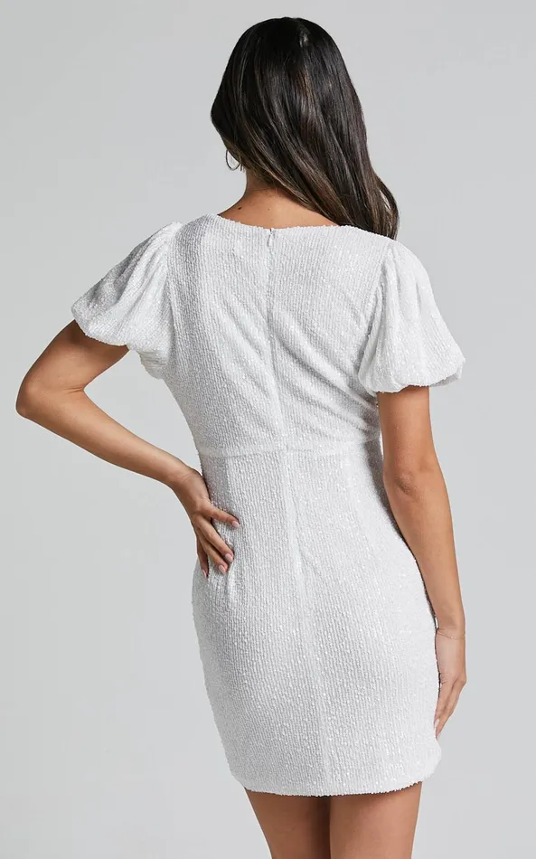 Showpo Cleonna Mini Dress 8211 Short Puff Sleeve Plunge Neck Sequin Bodycon In White Women Dresses