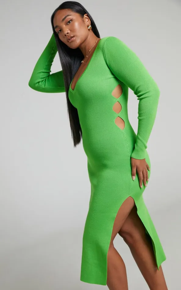 Showpo Clymene Midi Dress 8211 Side Cut Out Knit Dress In Lime Women Dresses