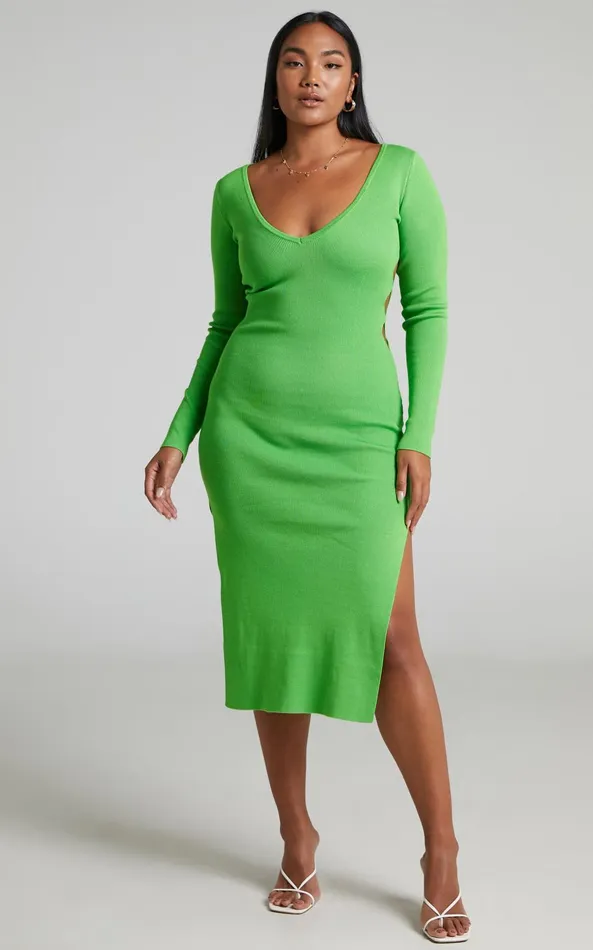 Showpo Clymene Midi Dress 8211 Side Cut Out Knit Dress In Lime Women Dresses