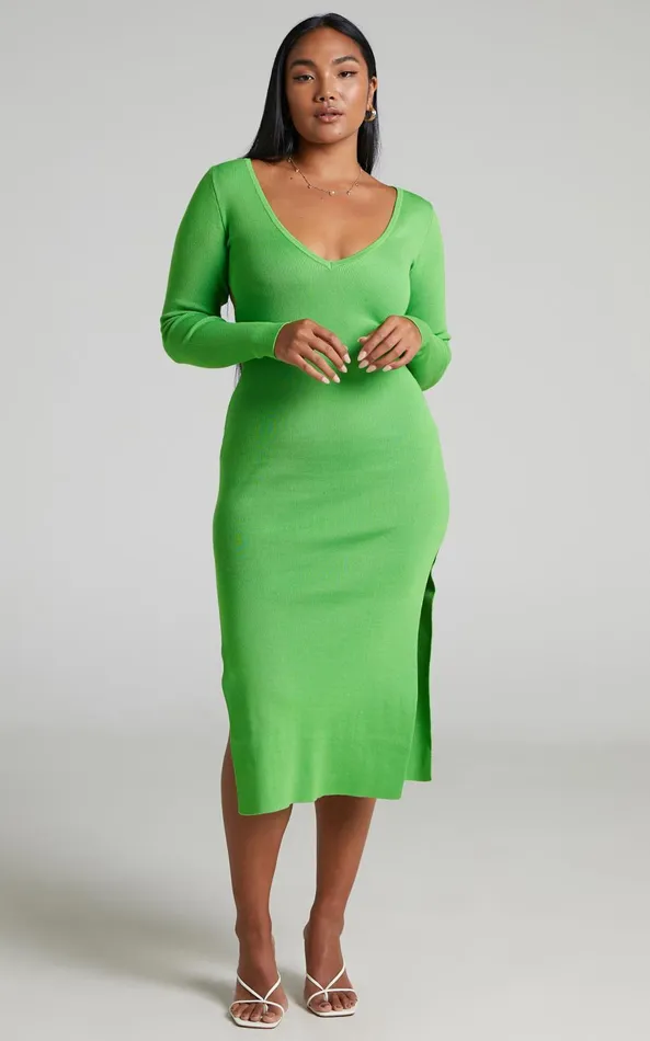 Showpo Clymene Midi Dress 8211 Side Cut Out Knit Dress In Lime Women Dresses