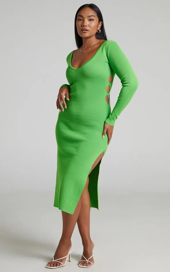 Showpo Clymene Midi Dress 8211 Side Cut Out Knit Dress In Lime Women Dresses