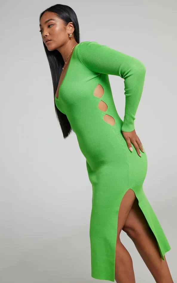 Showpo Clymene Midi Dress 8211 Side Cut Out Knit Dress In Lime Women Dresses