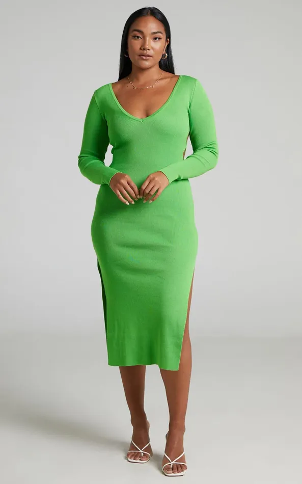 Showpo Clymene Midi Dress 8211 Side Cut Out Knit Dress In Lime Women Dresses