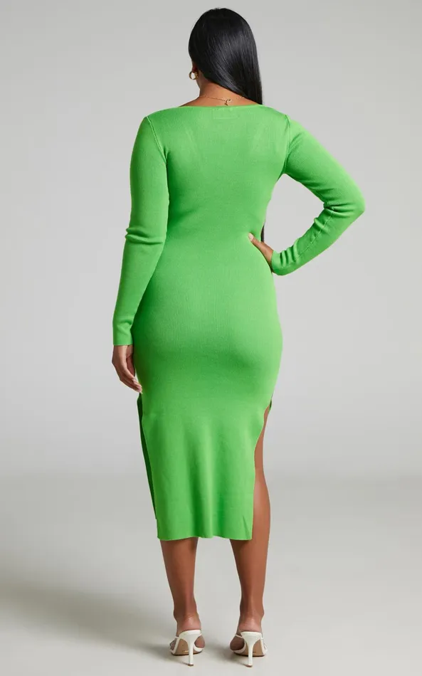 Showpo Clymene Midi Dress 8211 Side Cut Out Knit Dress In Lime Women Dresses