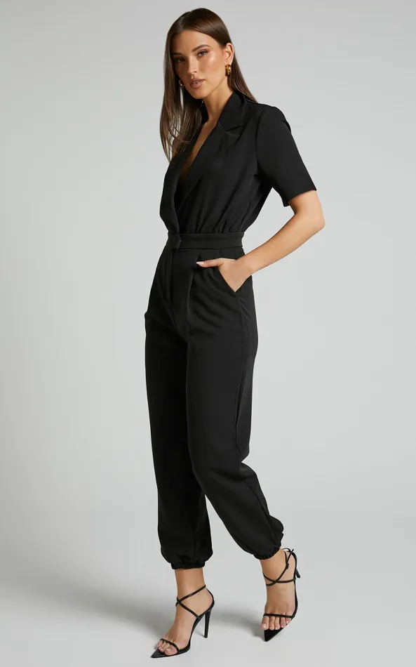 Showpo Coco Jumpsuit 8211 Collared Short Sleeve Straight Leg Jumpsuit In Black Women Curve Clothes
