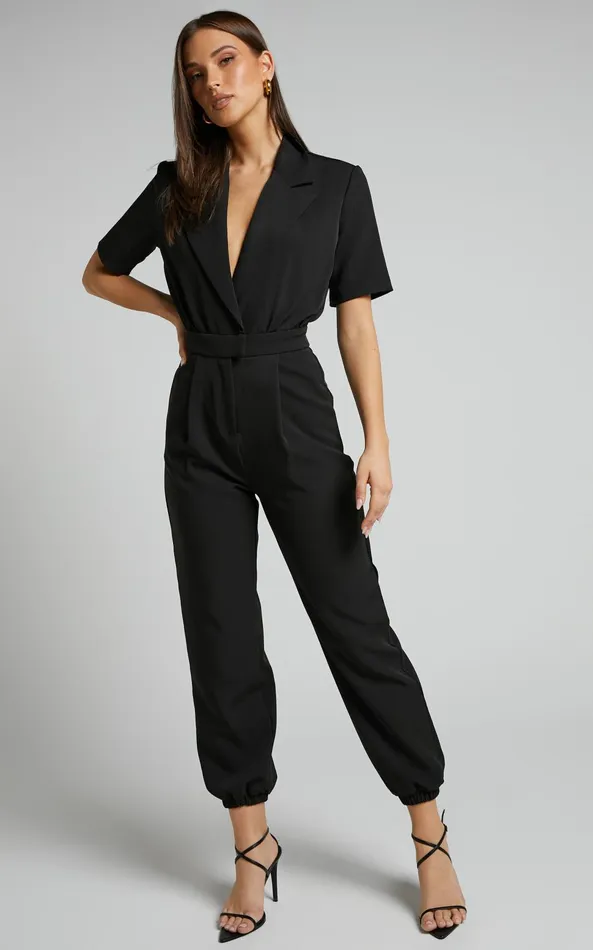 Showpo Coco Jumpsuit 8211 Collared Short Sleeve Straight Leg Jumpsuit In Black Women Curve Clothes