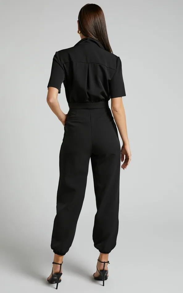 Showpo Coco Jumpsuit 8211 Collared Short Sleeve Straight Leg Jumpsuit In Black Women Curve Clothes