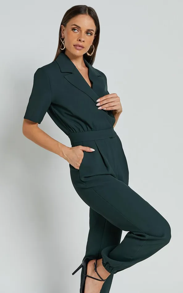 Showpo Coco Jumpsuit 8211 Collared Short Sleeve Straight Leg Jumpsuit In Forest Green Women Curve Clothes