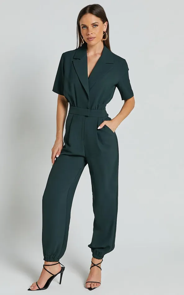 Showpo Coco Jumpsuit 8211 Collared Short Sleeve Straight Leg Jumpsuit In Forest Green Women Curve Clothes