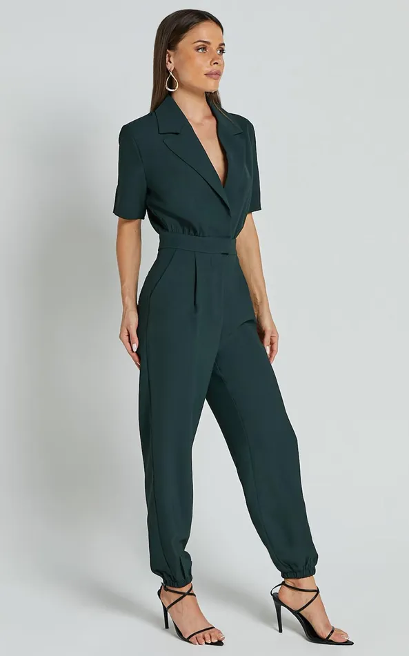 Showpo Coco Jumpsuit 8211 Collared Short Sleeve Straight Leg Jumpsuit In Forest Green Women Curve Clothes