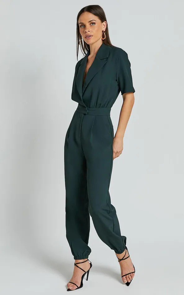 Showpo Coco Jumpsuit 8211 Collared Short Sleeve Straight Leg Jumpsuit In Forest Green Women Curve Clothes