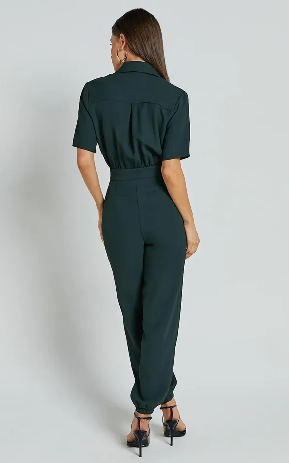 Showpo Coco Jumpsuit 8211 Collared Short Sleeve Straight Leg Jumpsuit In Forest Green Women Curve Clothes
