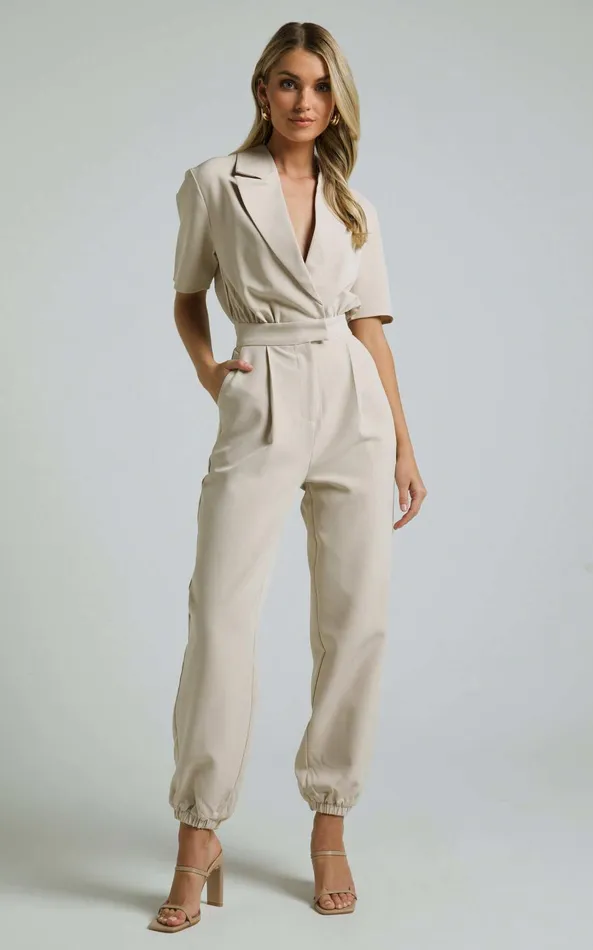Showpo Coco Jumpsuit 8211 Collared Short Sleeve Straight Leg Jumpsuit In Stone Women Curve Clothes Showpo Coco Jumpsuit 8211 Collared Short Sleeve Straight Leg Jumpsuit In Stone Women Curve Clothes