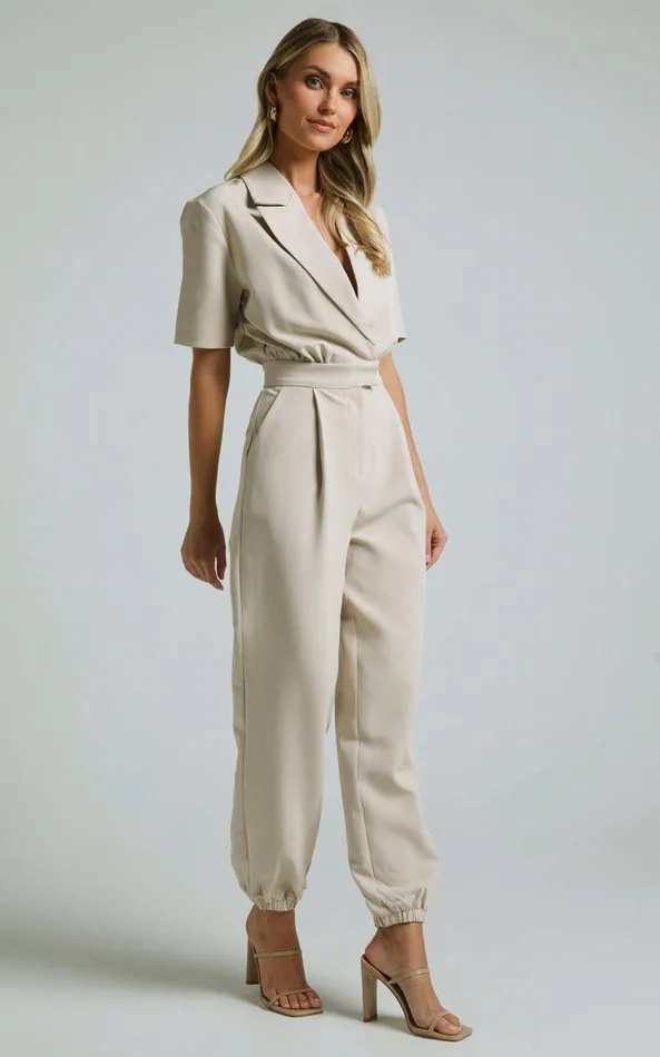 Showpo Coco Jumpsuit 8211 Collared Short Sleeve Straight Leg Jumpsuit In Stone Women Curve Clothes