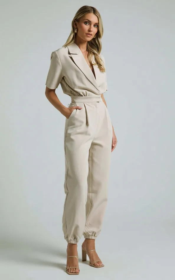 Showpo Coco Jumpsuit 8211 Collared Short Sleeve Straight Leg Jumpsuit In Stone Women Curve Clothes