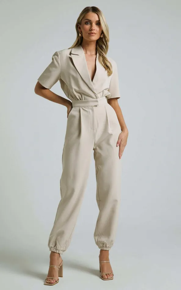 Showpo Coco Jumpsuit 8211 Collared Short Sleeve Straight Leg Jumpsuit In Stone Women Curve Clothes