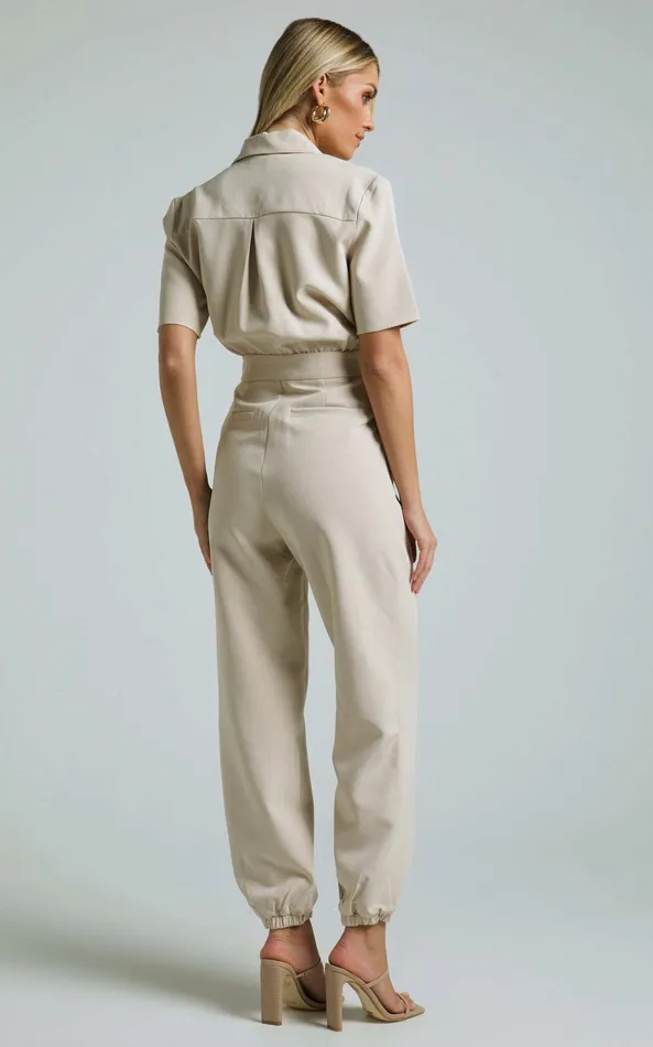 Showpo Coco Jumpsuit 8211 Collared Short Sleeve Straight Leg Jumpsuit In Stone Women Curve Clothes