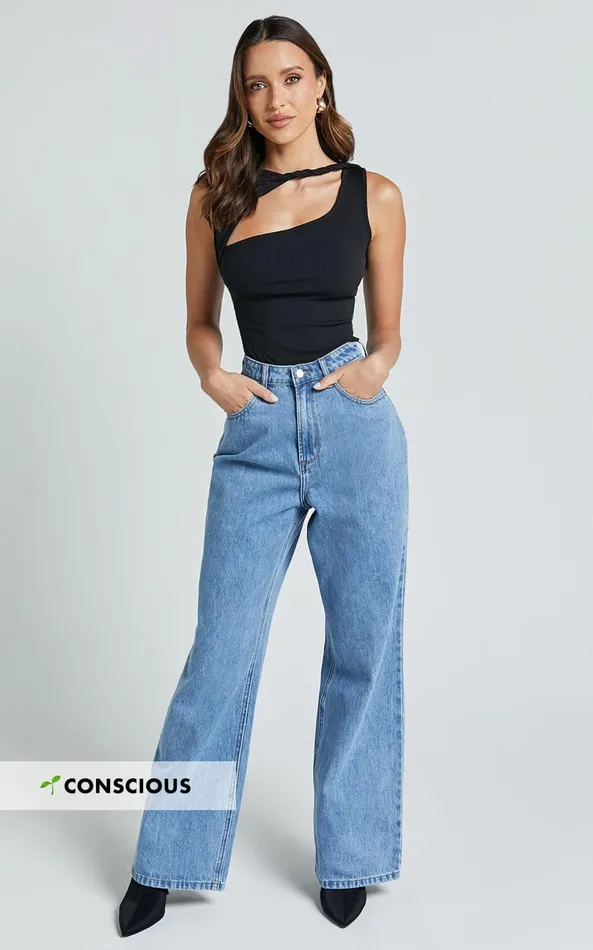 Showpo Cole Jeans 8211 High Waist Relaxed Wide Leg Recycled Denim Jeans In Mid Blue Wash Women Denim Showpo Cole Jeans 8211 High Waist Relaxed Wide Leg Recycled Denim Jeans In Mid Blue Wash Women Denim