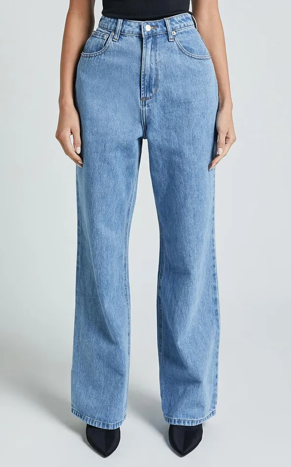 Showpo Cole Jeans 8211 High Waist Relaxed Wide Leg Recycled Denim Jeans In Mid Blue Wash Women Denim