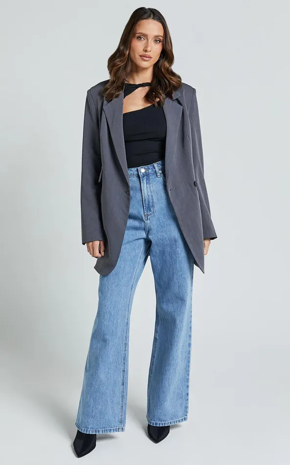 Showpo Cole Jeans 8211 High Waist Relaxed Wide Leg Recycled Denim Jeans In Mid Blue Wash Women Denim