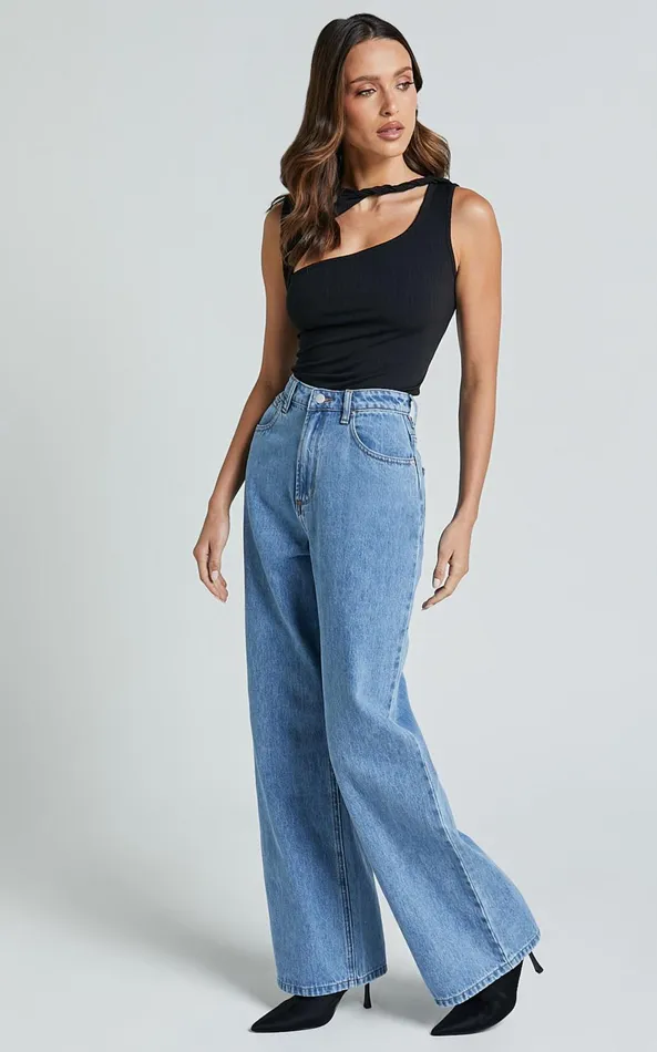 Showpo Cole Jeans 8211 High Waist Relaxed Wide Leg Recycled Denim Jeans In Mid Blue Wash Women Denim