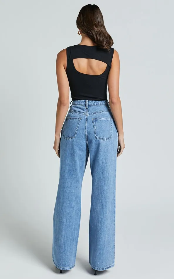 Showpo Cole Jeans 8211 High Waist Relaxed Wide Leg Recycled Denim Jeans In Mid Blue Wash Women Denim