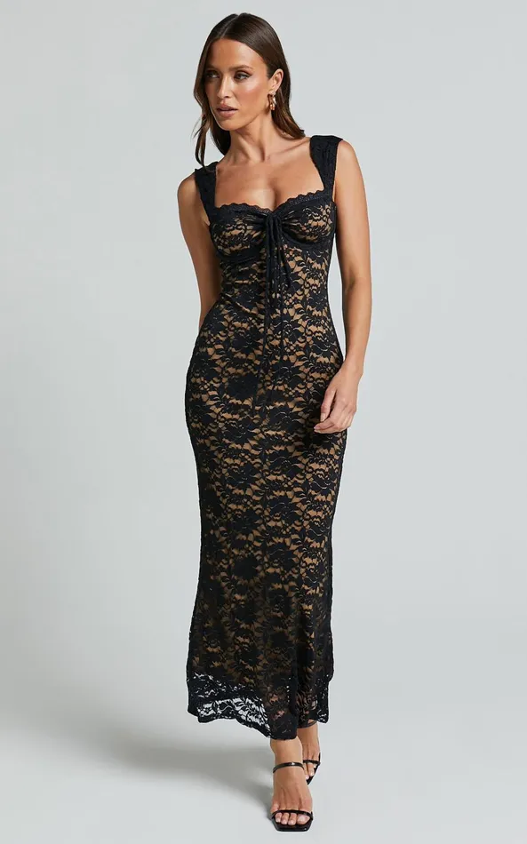 Showpo Collette Midi Dress 8211 Ruched Bust Wide Strap Detail Lace Midi Dress In Black Women Dresses