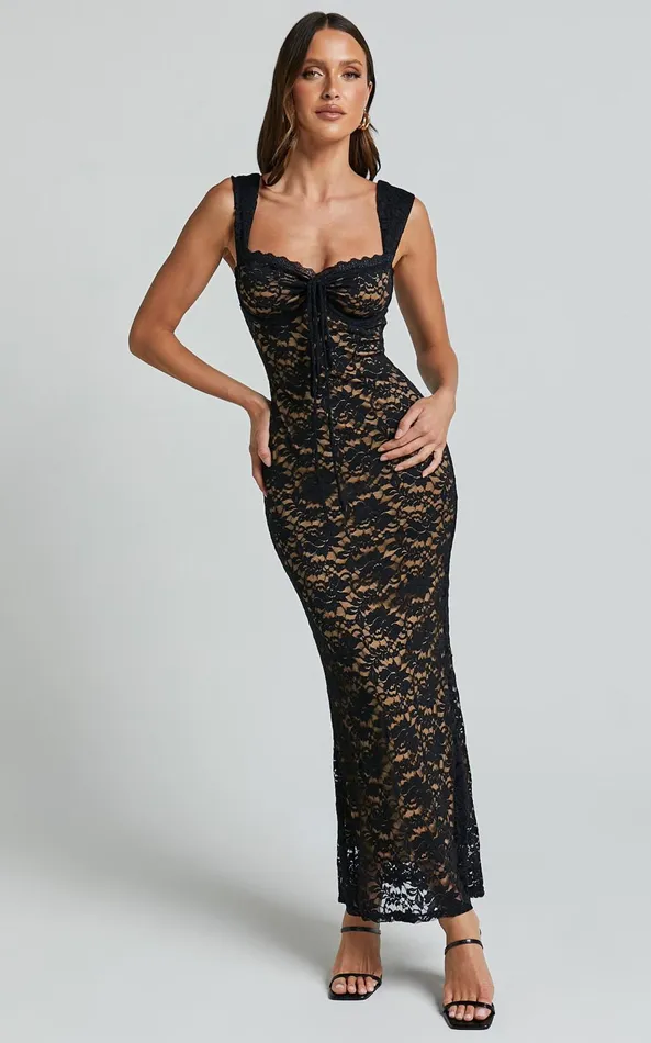 Showpo Collette Midi Dress 8211 Ruched Bust Wide Strap Detail Lace Midi Dress In Black Women Dresses