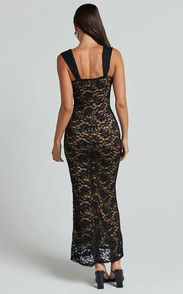 Showpo Collette Midi Dress 8211 Ruched Bust Wide Strap Detail Lace Midi Dress In Black Women Dresses