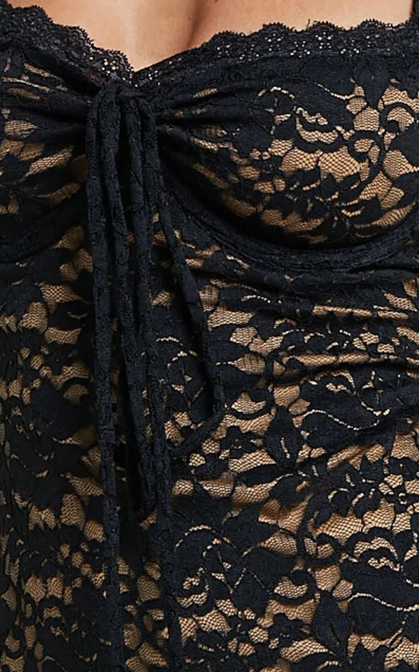 Showpo Collette Midi Dress 8211 Ruched Bust Wide Strap Detail Lace Midi Dress In Black Women Dresses