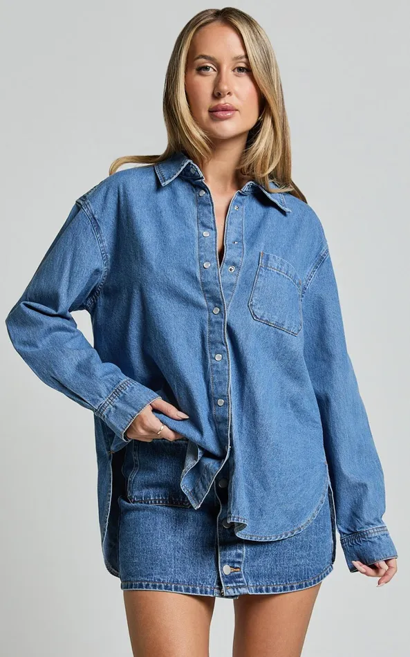 Showpo Collins Top 8211 Long Sleeve Button Through Denim Shirt In Mid Blue Wash Women Denim