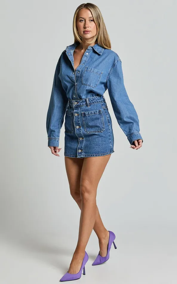 Showpo Collins Top 8211 Long Sleeve Button Through Denim Shirt In Mid Blue Wash Women Denim