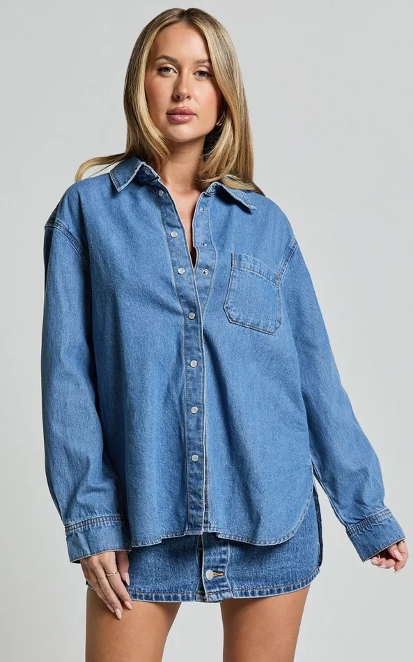 Showpo Collins Top 8211 Long Sleeve Button Through Denim Shirt In Mid Blue Wash Women Denim