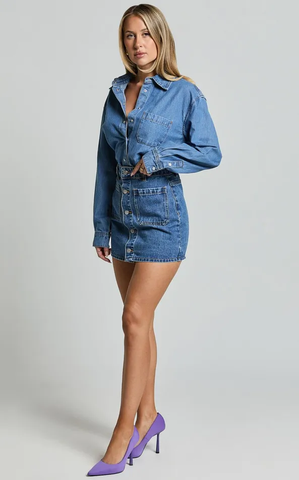 Showpo Collins Top 8211 Long Sleeve Button Through Denim Shirt In Mid Blue Wash Women Denim