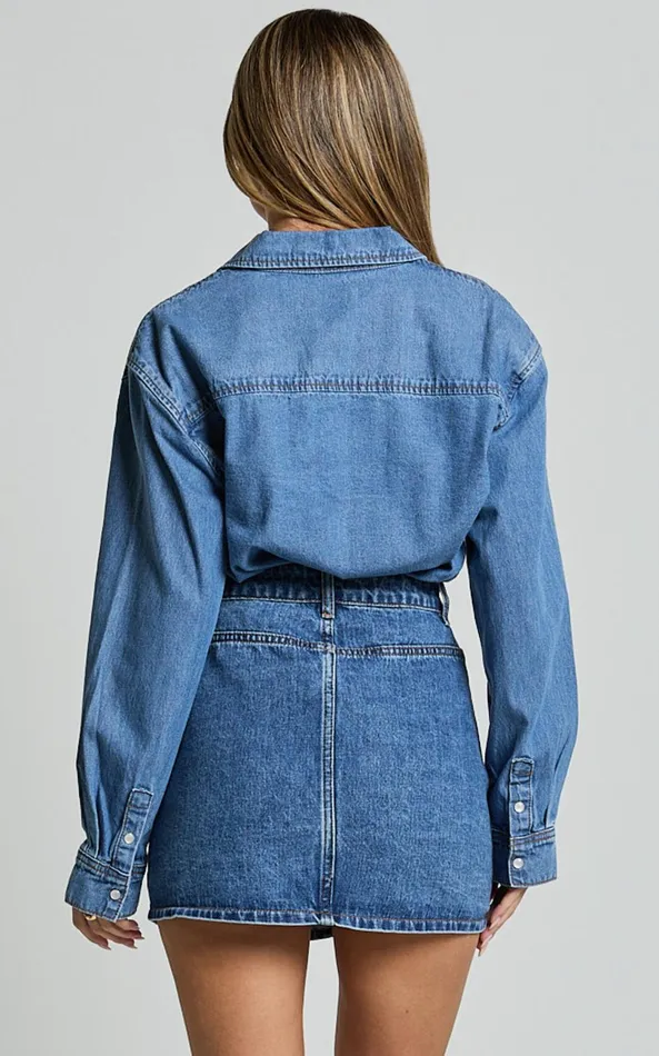 Showpo Collins Top 8211 Long Sleeve Button Through Denim Shirt In Mid Blue Wash Women Denim