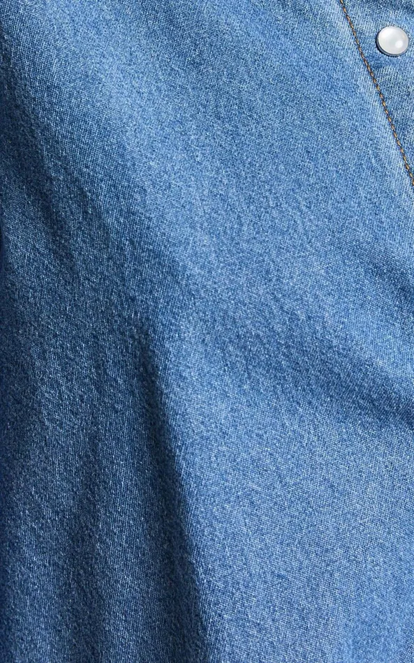 Showpo Collins Top 8211 Long Sleeve Button Through Denim Shirt In Mid Blue Wash Women Denim