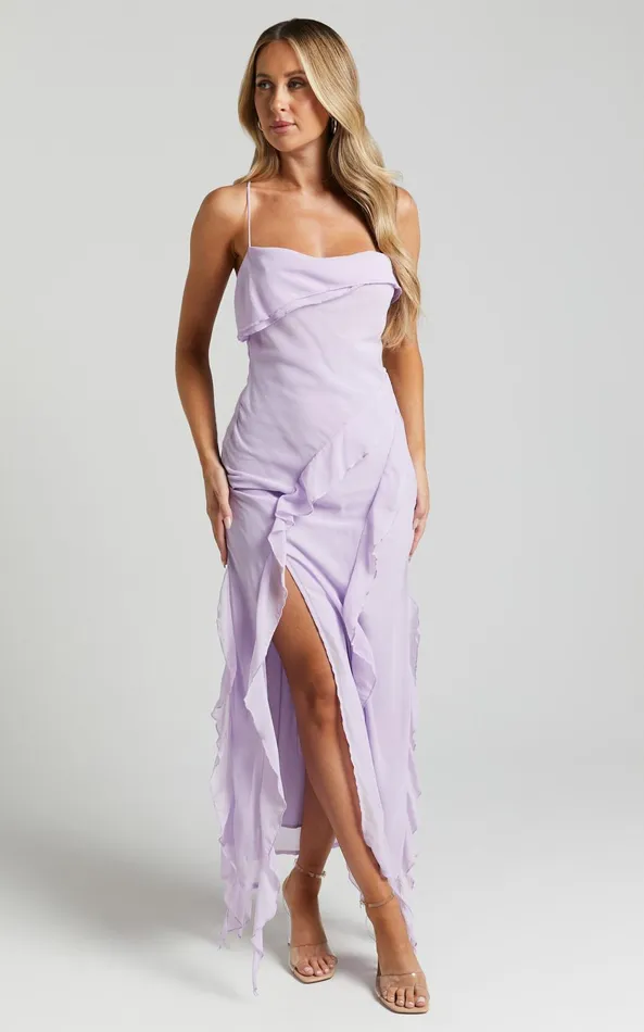 Showpo Connie Midi Dress Ruffle Detail Dress In Lilac Women Dresses