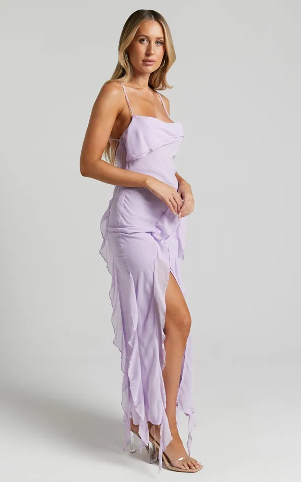 Showpo Connie Midi Dress Ruffle Detail Dress In Lilac Women Dresses