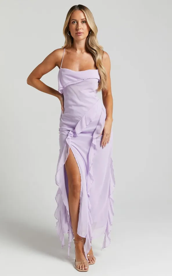 Showpo Connie Midi Dress Ruffle Detail Dress In Lilac Women Dresses