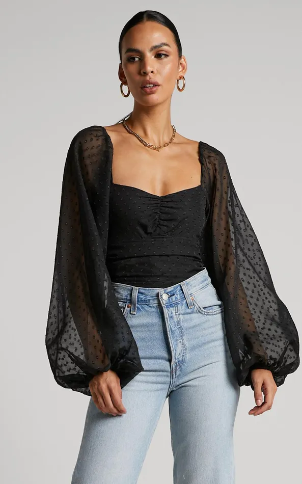 Showpo Conny Bodysuit 8211 Spotted Balloon Sleeve Sweetheart Bodysuit In Black Women Tops Showpo Conny Bodysuit 8211 Spotted Balloon Sleeve Sweetheart Bodysuit In Black Women Tops