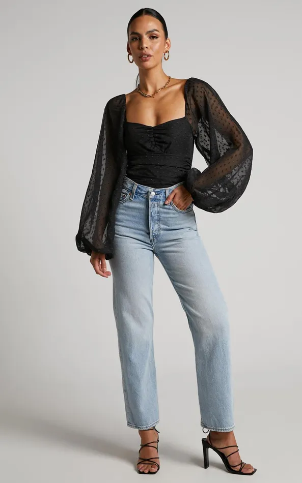 Showpo Conny Bodysuit 8211 Spotted Balloon Sleeve Sweetheart Bodysuit In Black Women Tops