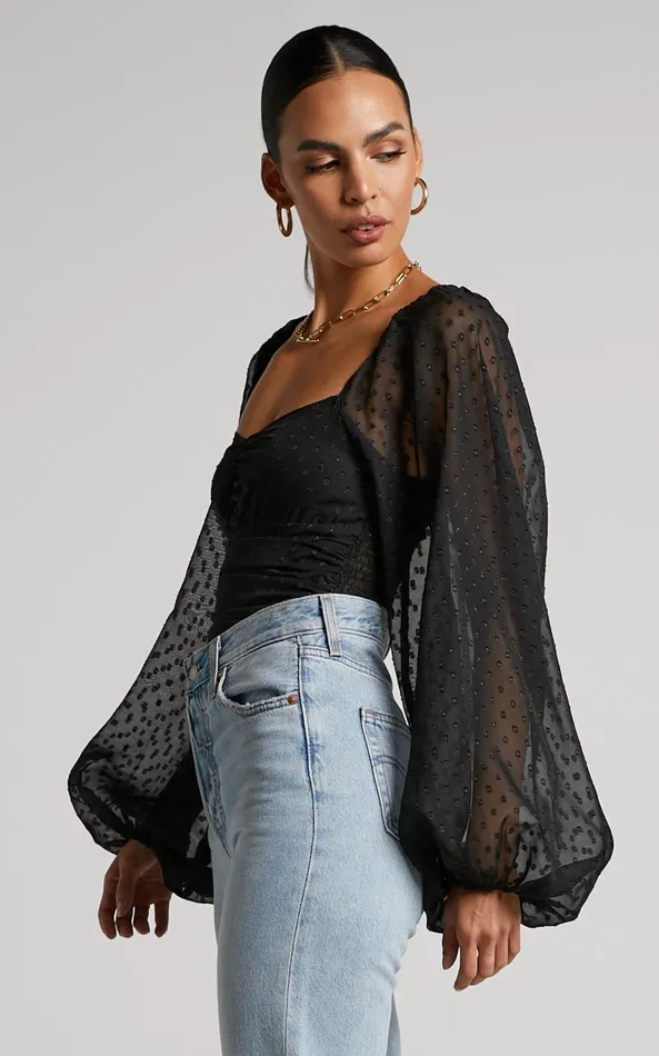 Showpo Conny Bodysuit 8211 Spotted Balloon Sleeve Sweetheart Bodysuit In Black Women Tops