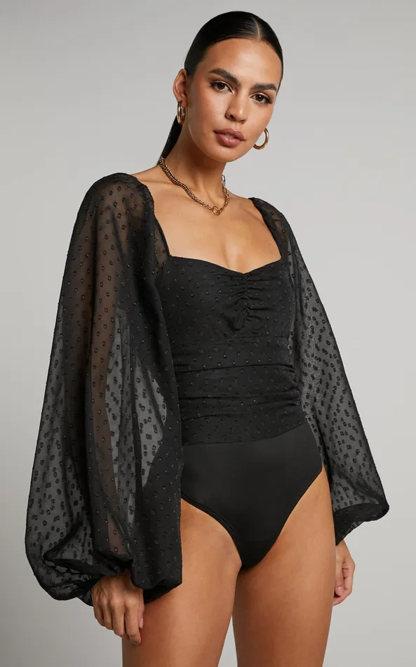 Showpo Conny Bodysuit 8211 Spotted Balloon Sleeve Sweetheart Bodysuit In Black Women Tops