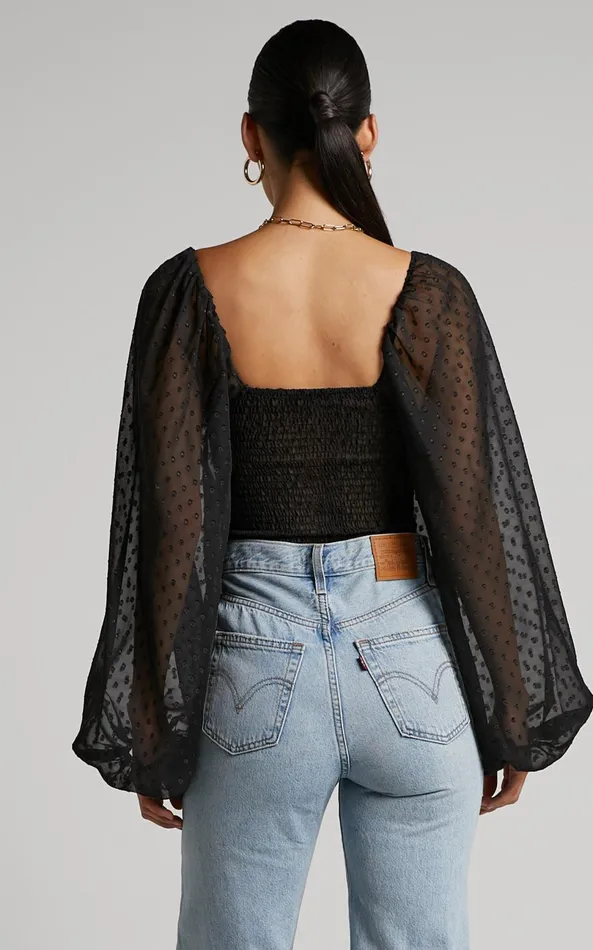 Showpo Conny Bodysuit 8211 Spotted Balloon Sleeve Sweetheart Bodysuit In Black Women Tops