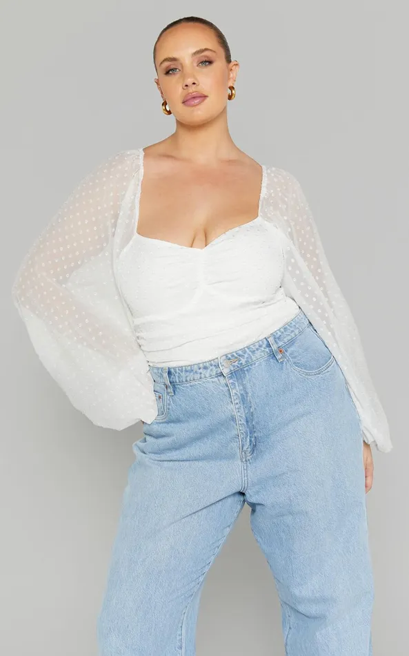Showpo Conny Bodysuit 8211 Spotted Balloon Sleeve Sweetheart Bodysuit In Ivory Women Curve Clothes