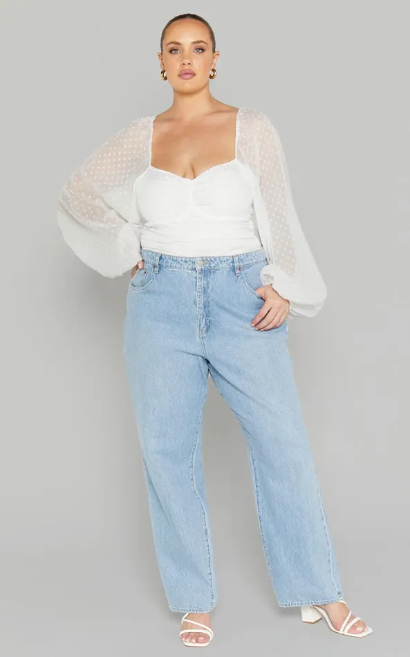 Showpo Conny Bodysuit 8211 Spotted Balloon Sleeve Sweetheart Bodysuit In Ivory Women Curve Clothes