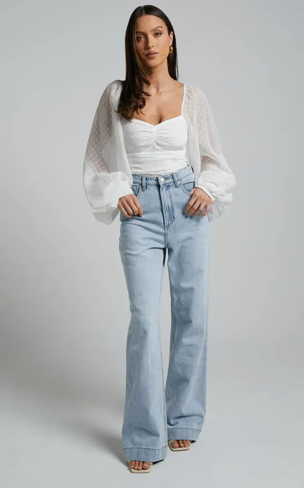 Showpo Conny Bodysuit 8211 Spotted Balloon Sleeve Sweetheart Bodysuit In Ivory Women Curve Clothes