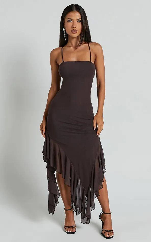 Showpo Constantina Midi Dress 8211 Asymmetric Ruffle Tie Back Dress In Dark Chocolate Women Dresses Showpo Constantina Midi Dress 8211 Asymmetric Ruffle Tie Back Dress In Dark Chocolate Women Dresses