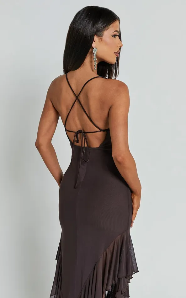 Showpo Constantina Midi Dress 8211 Asymmetric Ruffle Tie Back Dress In Dark Chocolate Women Dresses